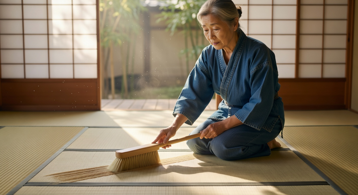 Brushing tatami fibers gently with a soft brush