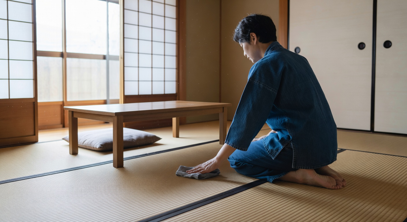 Cleaning tatami in a traditional Japanese room