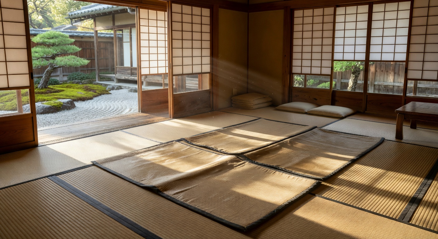 Tatami mats standing upright outside to air and dry