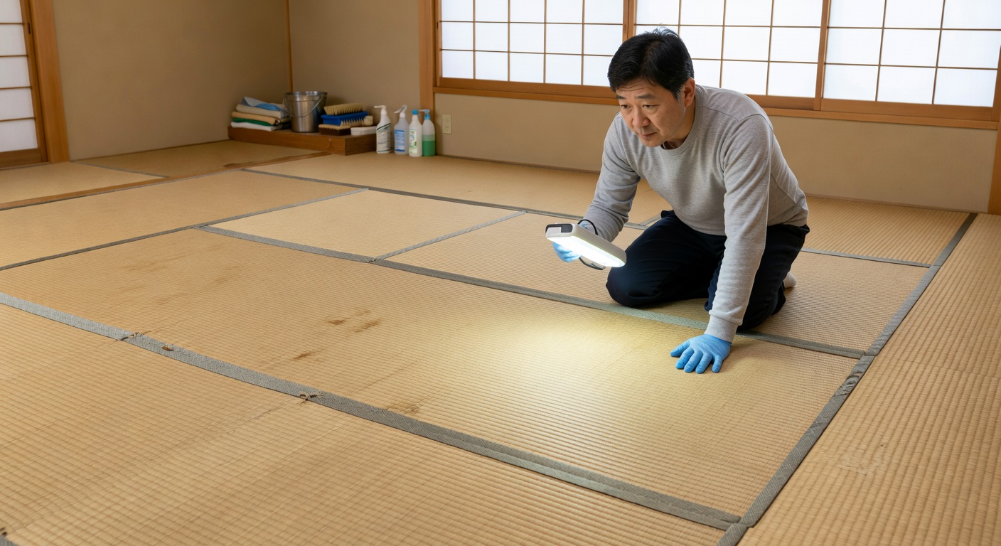 Inspecting tatami surface for stains and wear