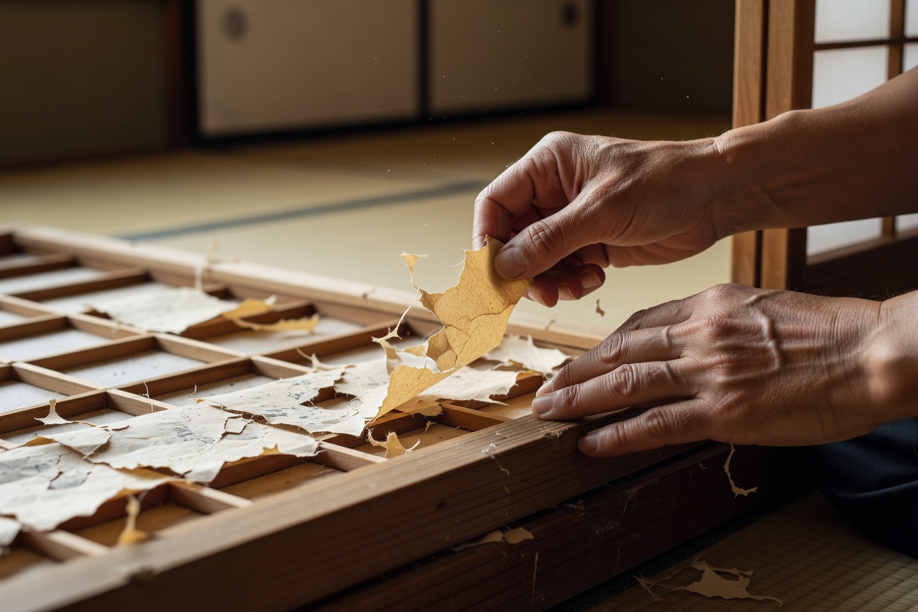 Peeling old shoji paper from the wooden frame