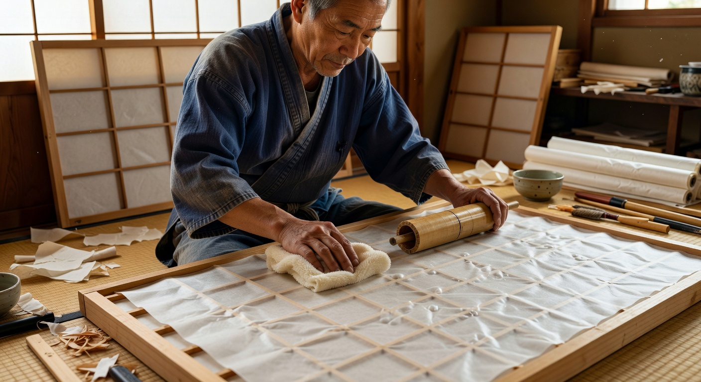 Smoothing new Washi paper over the shoji frame