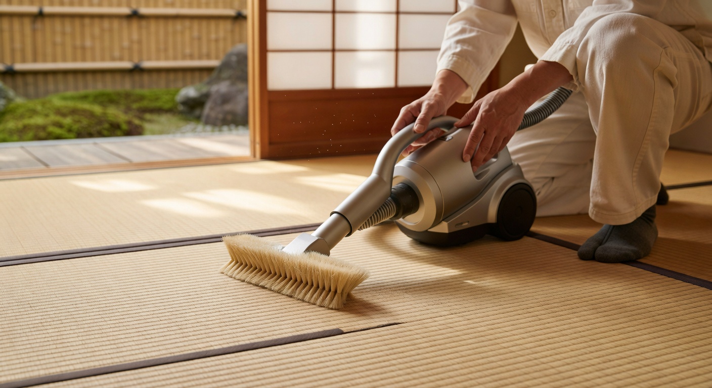 Vacuuming tatami mat along the grain